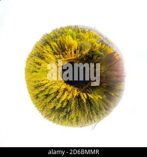 Eine dreidimensionale Luftpanoramasansicht des kleinen Waldsees Haransilma in Lahti, Finnland. Der Durchmesser des Sees beträgt etwa 50 Meter. Stockfoto