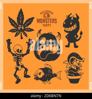 Set von mystischen Kreaturen für Halloween. Eine Kollektion von schwarzen Silhouetten auf orangefarbenem Hintergrund. Vektor-Illustration von Monstern. Stock Vektor