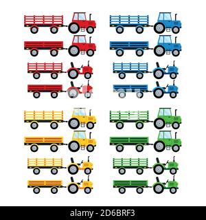 Landtraktor mit offenem Anhänger Icon Set Isolatet auf weißem Hintergrund. Stock Vektor