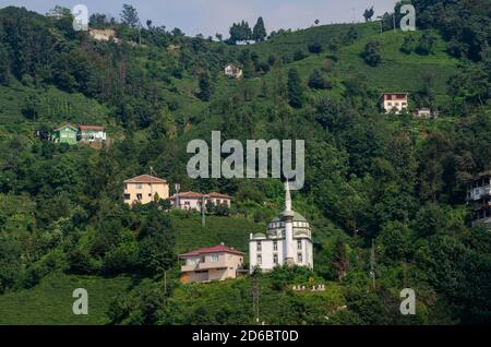 Rize, Türkei. September 2014. Unter den Teeplantagen der Schwarzmeerberge in der Nähe von Rize in der Nordosttürkei steht eine türkische Moschee.der Anbau des Tees in den üppig grünen Bergterrassen des Schwarzen Meeres war ursprünglich für den Hausgebrauch gedacht, heute ist die Türkei der fünftgrößte Teeproduzerin der Welt. Kredit: John Wreford/SOPA Images/ZUMA Wire/Alamy Live Nachrichten Stockfoto