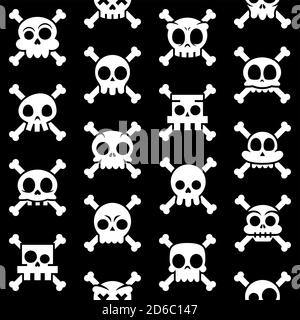 Halloween Cartoon Totenkopf mit Knochen Vektor nahtlose Muster, mexikanische niedlichen Zucker Schädel Design-Set, Dia de los Muertos in weiß auf schwarzem Hintergrund Stock Vektor