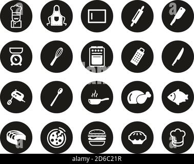 Kochen Oder Chef Weiß Auf Schwarz Flat Design Kreis Set Groß Stock Vektor