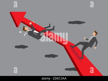 Cartoon Geschäftsmann zu Fuß einen steilen fetten roten Pfeil und ein weiterer Geschäftsmann Festhalten an Richtung ändern Pfeilspitze. Kreative Vektorgrafik f Stock Vektor
