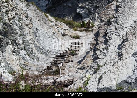 Eine alte Holztreppe und massive weiße Felsen an einem wilden Strand. Der Weg zum Camp führt durch den Wald. Sommerlandschaft aus nächster Nähe Stockfoto