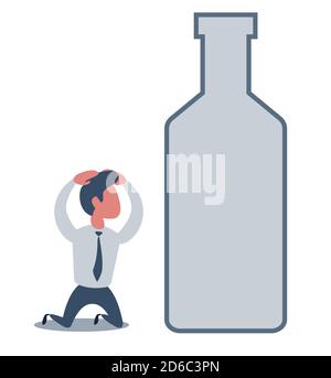 Kranker betrunkener Mann auf den Knien neben der Flasche Wein. Konzept flache Vektor Illustration der Alkoholabhängigkeit. Stock Vektor