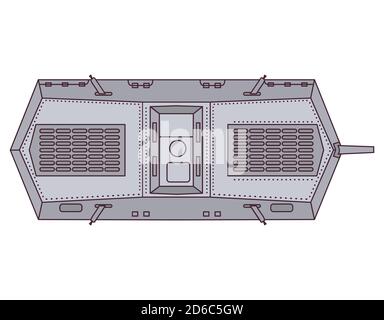 Deutscher Panzer A7V des 1. Weltkrieges. Vektorgrafik für Linien. Fahrzeugansicht von oben. Stock Vektor