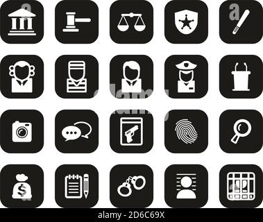 Gerichtsgebäude Oder Trial Icons Weiß Auf Schwarz Flat Design Set Groß Stock Vektor