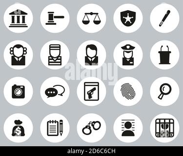 Courthouse Oder Trial Icons Black & White Flat Design Circle Groß Einstellen Stock Vektor