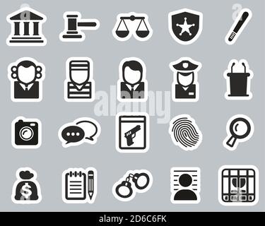 Courthouse Oder Trial Icons Schwarz & Weiß Sticker Set Groß Stock Vektor