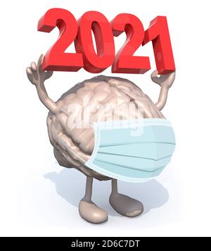 Gehirn mit Armen, Beinen, Chirurgenmaske und der 3D-Inschrift 2021, 3d-Illustration Stockfoto