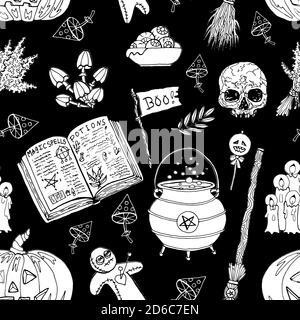 Nahtloses Muster mit Totenkopf, Hexenkessel, Pilzen, Voodoo Puppe und magischen Objekten auf Schwarz. Mystischer Hintergrund für Halloween, Esoterik, Gothic und Stock Vektor