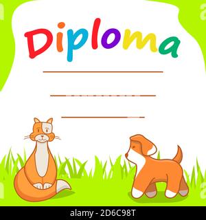Diplomvorlage für Kinder.Cartoon Charakter Katze und Hund. Stock Vektor