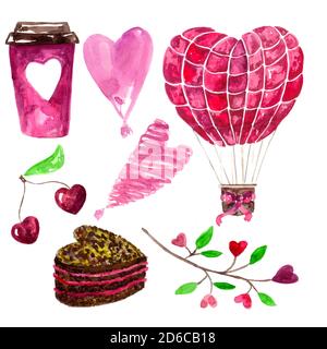 Symbol der Liebe, Herzen, rosa Farbe.Aquarell handgezeichnet. Tasse Kaffee, Kirsche, Aerostat, Kuchen, Zweig-Design für Einladungen und Grußkarten Stockfoto