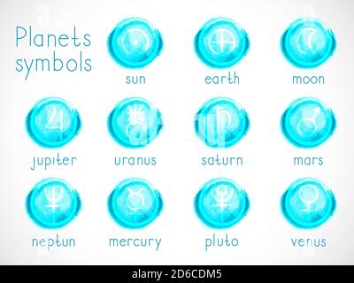 Vektor-Set von astrologischen Planeten Symbole mit Aquarell-Elementen. Von Hand gezeichnet. Zeichensammlung: Sonne, Erde, Mond, saturn, uranus, neptun, jupiter, Stock Vektor