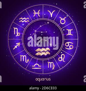 Sternzeichen und Sternbild WASSERMANN mit Horoskopkreis und heiligen Symbolen auf dem Sternenhimmel Hintergrund mit Geometrie-Muster. Vektorillus Stock Vektor