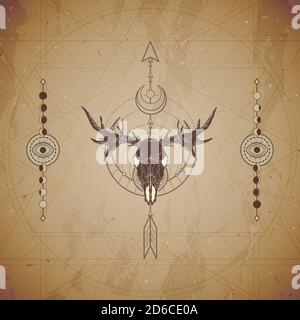 Vektor-Illustration mit handgezeichneten Elchschädel und Heilige geometrische Symbol auf Vintage-Papier Hintergrund. Abstraktes mystisches Zeichen. Sepia lineare Form. Für Stock Vektor