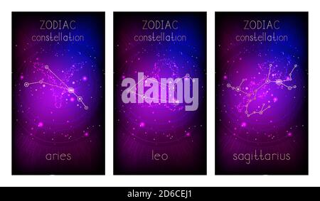 Set aus drei Banner mit Tierkreiszeichen, astrologischen Konstellationen und abstrakten geometrischen Symbol gegen den Sternenhimmel. Sammlung der Fir Stock Vektor