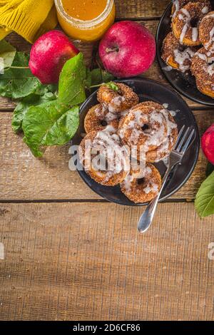 Herbst süße Dessert Rezept. Hausgemachte Apfelweindonuts. Gebackene Donuts mit Zucker, Zimtglasur und weißem Zuckerguss, auf Holzbackgroun Stockfoto