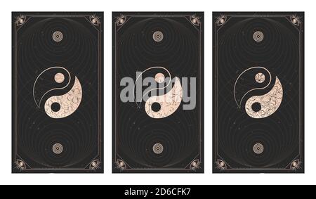 Vektor-Set von drei Yin Yang Zeichen auf dunklen Hintergründen mit geometrischer Form, Grunge Texturen und Rahmen. Symbole mit floralen Elementen. Abbildung in Stock Vektor