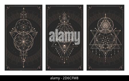 Vector Set aus drei dunklen Hintergründen mit geometrischen Symbolen, Grunge-Texturen und Rahmen. Abstrakte geometrische Symbole und heilige mystische Zeichen in l gezeichnet Stock Vektor