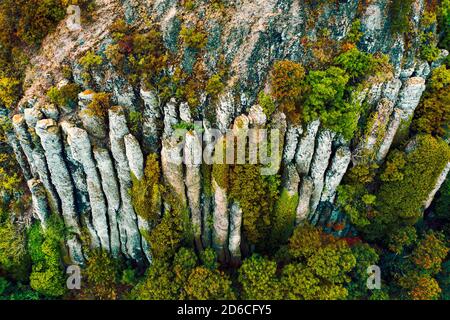 Der Saint Gerorge ist ein etwa 4 Millionen Jahre alter Vulkanhügel. Der ungarische Name ist Szent György hegy. Es gibt die ikonische riesige Basaltsäule Stockfoto