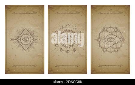 Vector Set aus drei Vintage-Hintergründe mit geometrischen Symbolen und Rahmen. Abstrakte geometrische Symbole und heilige mystische Zeichen in Linien gezeichnet. In Sepia Stock Vektor