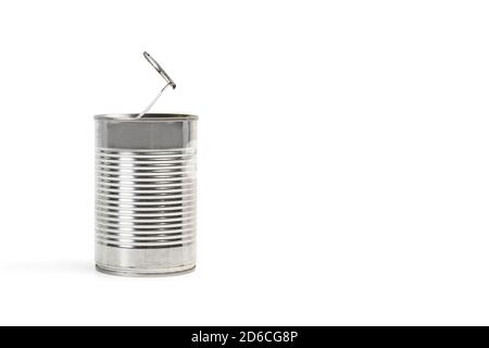 Eine geöffnete Blechdose auf weißem Hintergrund mit Kopie Platz Stockfoto