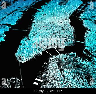 Sat-Blick auf New York City, Karte, 3D-Gebäude, 3D-Rendering. Straßen und Wolkenkratzer von Manhattan. Usa Stockfoto