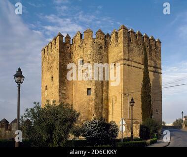 Spanien, Andalusien, Cordoba. Der Calahorra Tower. Befestigtes Tor, das sich südlich der römischen Brücke erhebt. Ursprünglich von den Mauren erbaut und von König Enrique II. Von Kastilien im Jahr 1369 umfassend restauriert, um die Stadt vor Angriffen seines Bruders Pedro I. der grausame aus dem Süden zu verteidigen. Stockfoto