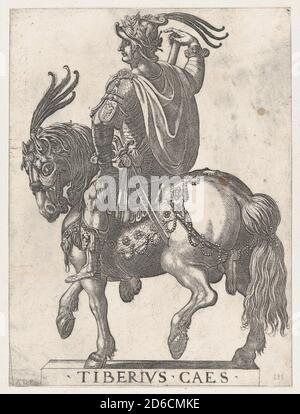 Tafel 3: Kaiser Tiberius auf dem Pferderuß, aus 'den ersten zwölf römischen Cäsaren', 1596. Stockfoto