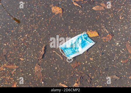 Geworfen Sanitär Gesichtsmaske schwimmt in Pfütze mit heruntergefallenen Blättern Am sonnigen Herbsttag Stockfoto