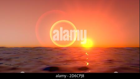 Meereswelle am Abend. Sonnenuntergang über dem Meer mit Sonnenreflexion. Sonnenaufgang in Meereswelle über 4k Auflösung. Stockfoto