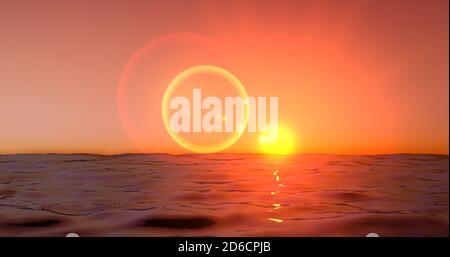 Meereswelle am Abend. Sonnenuntergang über dem Meer mit Sonnenreflexion. Sonnenaufgang in Meereswelle über 4k Auflösung. Stockfoto