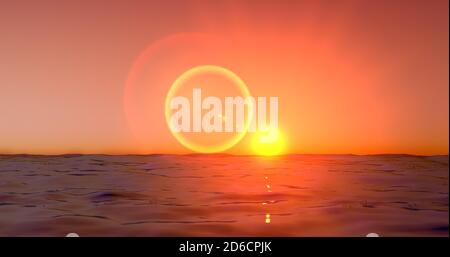 Meereswelle am Abend. Sonnenuntergang über dem Meer mit Sonnenreflexion. Sonnenaufgang in Meereswelle über 4k Auflösung. Stockfoto