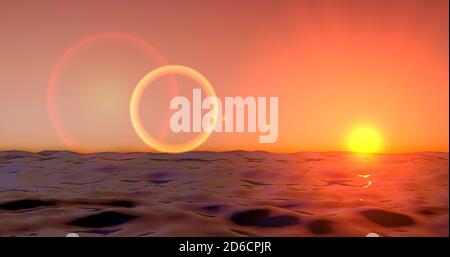 Meereswelle am Abend. Sonnenuntergang über dem Meer mit Sonnenreflexion. Sonnenaufgang in Meereswelle über 4k Auflösung. Stockfoto