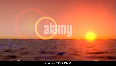 Meereswelle am Abend. Sonnenuntergang über dem Meer mit Sonnenreflexion. Sonnenaufgang in Meereswelle über 4k Auflösung. Stockfoto