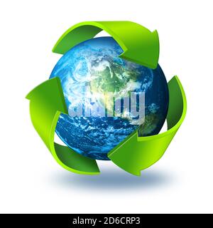 Grüne Pfeile Symbol um blauen Planeten Erde, Recycling-Konzept 3d, isoliert auf weißem Hintergrund Stockfoto