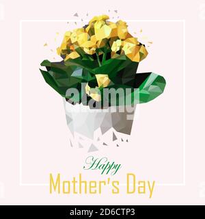 Niedrige Poly Frühling Blume. Vektor-Illustration für Muttertag. Gelbe Blüten in einem weißen Topf aus dreieckigen Polygonen. Postkarte für einen Urlaub bei meiner Mutter. Stock Vektor
