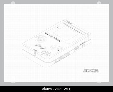 Eine technische mechanische Linienzeichnung in isometrischer und orthographischer Projektion Von einem vintage 1989 nintendo Gameboy Konsole auf einem weißen Hintergrund Stockfoto