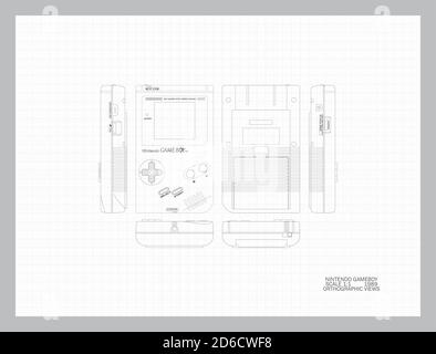 Eine technische mechanische Linienzeichnung in isometrischer und orthographischer Projektion Von einem vintage 1989 nintendo Gameboy Konsole auf einem weißen Hintergrund Stockfoto