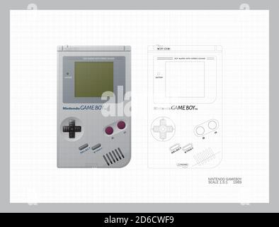 Eine technische mechanische Linienzeichnung in isometrischer und orthographischer Projektion Von einem vintage 1989 nintendo Gameboy Konsole auf einem weißen Hintergrund Stockfoto