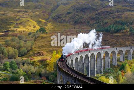 FORT WILLIAM WESTKÜSTE VON SCHOTTLAND DIE JACOBITE DAMPFZUG AUF DEM GLENFINNAN VIADUKT MIT HERBSTFARBEN AM MORGEN UND WEISSER RAUCH AUS DEM SPASS Stockfoto