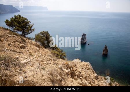 Der Berg in Form des Delphins auf dem Schwarzen Meer in Krim. Kap Kapchik im Schwarzen Meer nahe dem Dorf Novy Svet sonniger Sommertag. Natürlich Stockfoto