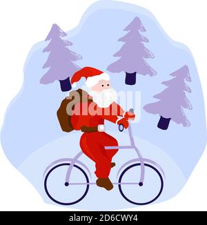 Flache Weihnachten Illustration. Weihnachtsmann auf dem Fahrrad. Urlaubskonzept. Vektorgrafik. Stock Vektor