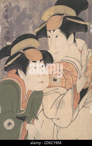 Segawa Tomisaburo II und Nakamura Manyo als Yadorigi und ihre Maid Wakakusa im Theaterstück "Hana Ayame Bunroku Soga", 1794. Stockfoto