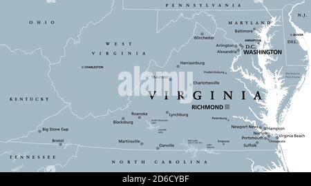 Virginia, VA, graue politische Landkarte. Commonwealth of Virginia. Staat im Südosten und Mittelatlantik Region der Vereinigten Staaten. Hauptstadt Richmond. Stockfoto