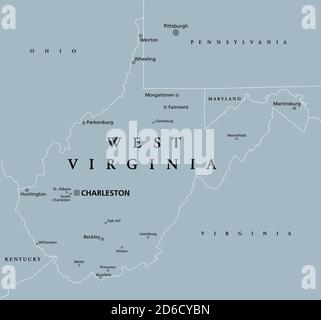 West Virginia, WV, graue politische Landkarte. Staat in der Appalachischen Region des Südens der Vereinigten Staaten und in der Mid-Atlantic Southeast Region. Stockfoto