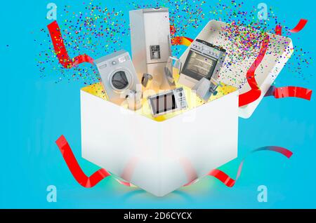 Haushaltsgeräte im Geschenkkarton. 3D-Rendering auf blauem Hintergrund Stockfoto