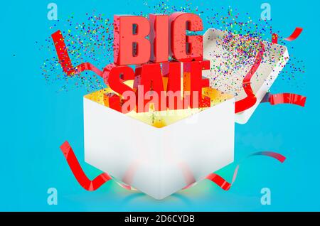 Big Sale Text in Geschenkbox, 3D-Rendering auf blauem Hintergrund Stockfoto