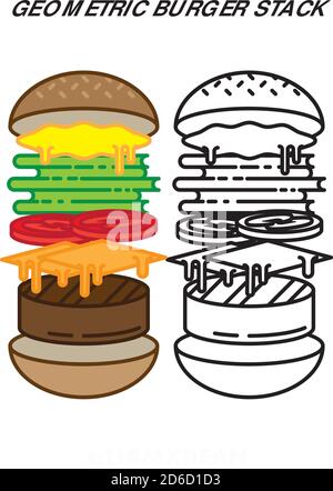 Geometrische Burger Anatomie Falling Stack Line Art & Solid Vector Illustrationssatz Stock Vektor